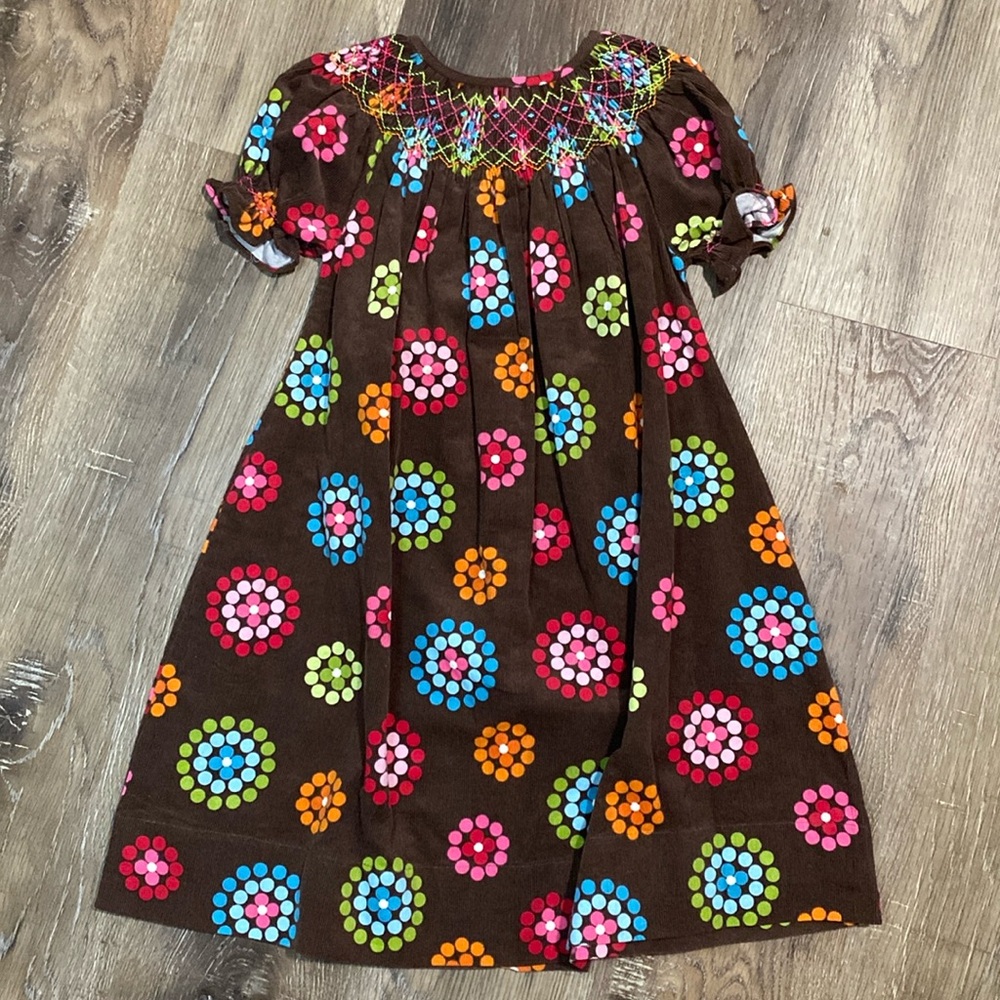 Brown Corduroy Bishop Dress with Bright Flowers and Hand Smocking